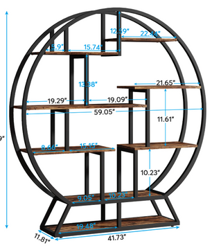 Ronde Boekenkast – Industrieel Wandrek met 14 Open Planken, Metaal & Hout