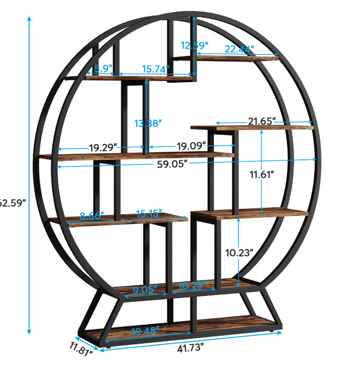 Ronde Boekenkast – Industrieel Wandrek met 14 Open Planken, Metaal & Hout