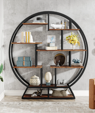 Ronde Boekenkast – Industrieel Wandrek met 14 Open Planken, Metaal & Hout