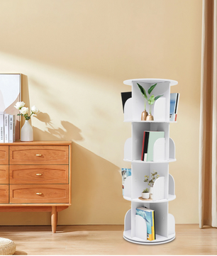 Draaibare Boekenkast – 4-Laags 360° Rotatierek met 16 Vakken & Wielen