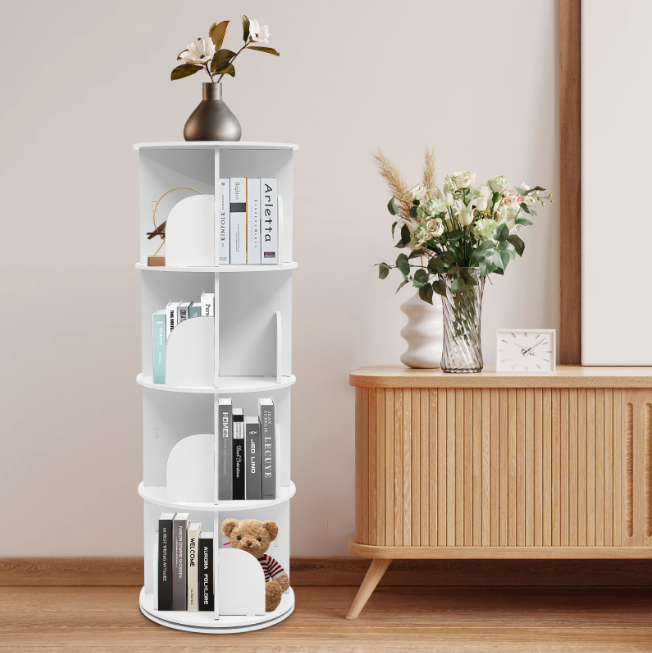 Draaibare Boekenkast – 4-Laags 360° Rotatierek met 16 Vakken & Wielen
