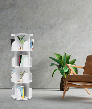 Draaibare Boekenkast – 4-Laags 360° Rotatierek met 16 Vakken & Wielen