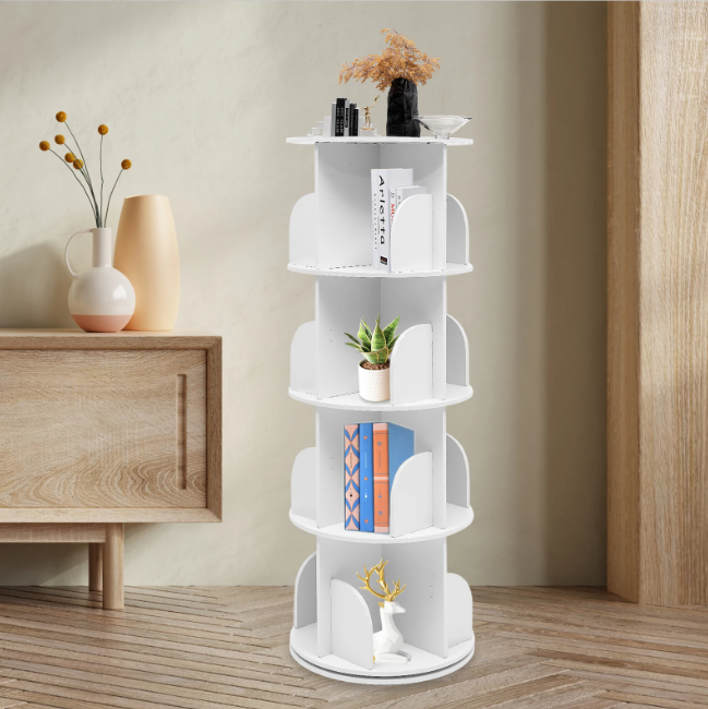 Draaibare Boekenkast – 4-Laags 360° Rotatierek met 16 Vakken & Wielen