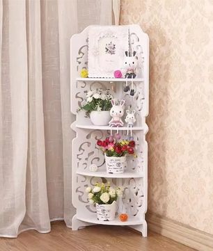 4-Laags PVC Hoekrek – Vrijstaand Wandrek met Uitsnede Patroon, Wit