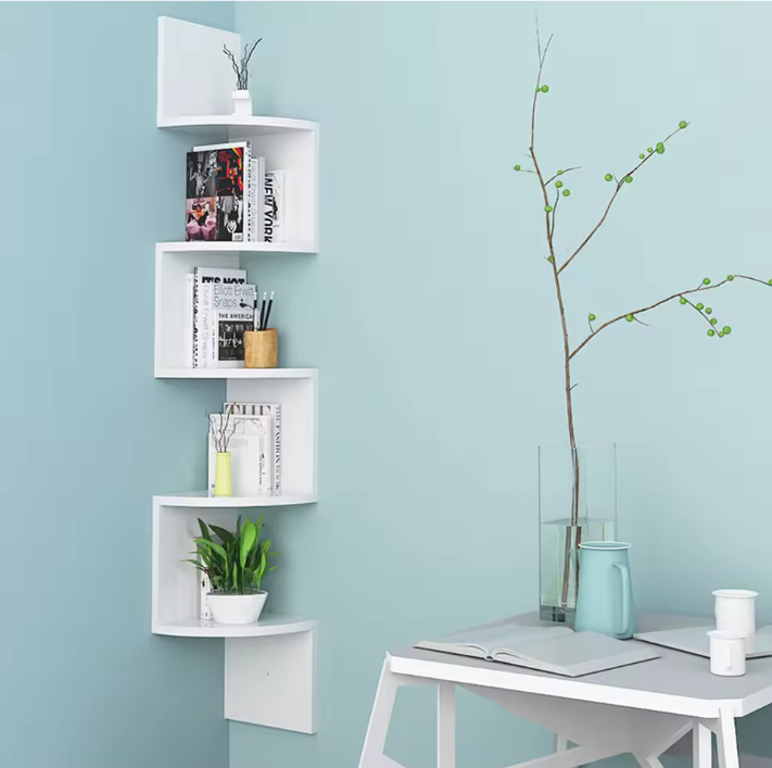 5-Laags Hoek Wandplank – Zwevend Wandrek & Ruimtebesparend Design