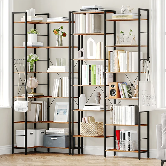 Industriële Hoekboekenkast met 6 Lagen – L-vormige Staande Vakkenkast 185 cm