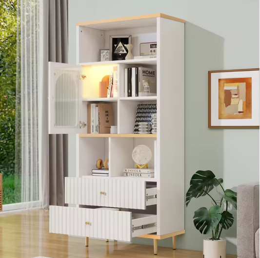 Boekenkast met 2 Lades & LED Verlichting – Moderne Opbergkast 180 cm
