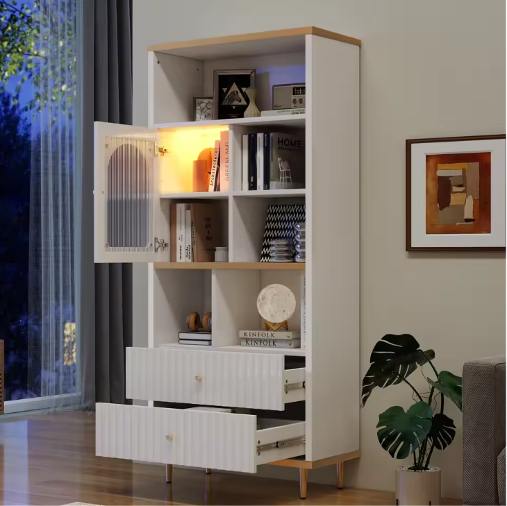 Boekenkast met 2 Lades & LED Verlichting – Moderne Opbergkast 180 cm