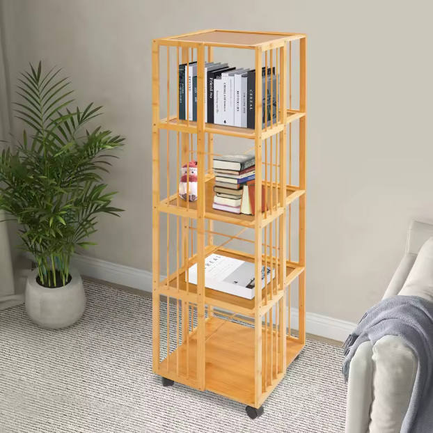 5-Laags Draaibare Boekenkast met Wielen – Mobiele Opbergkast 132 cm