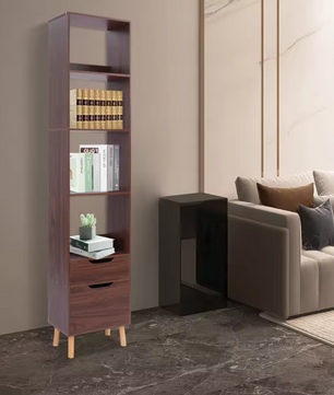 Smalle Ladder Boekenkast met 2 Lades – Vrijstaand Houten & Metalen Rek, Modern en Functioneel