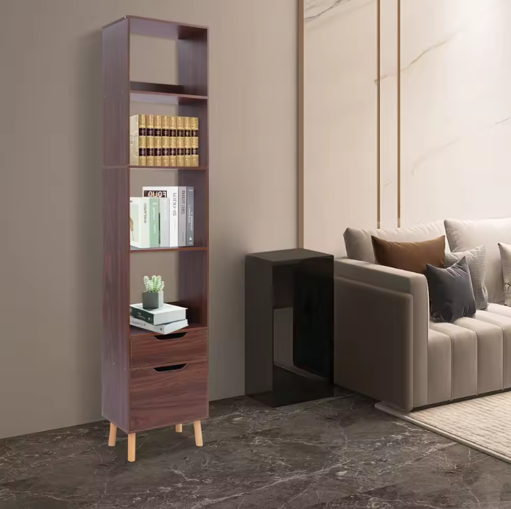 Smalle Ladder Boekenkast met 2 Lades – Vrijstaand Houten & Metalen Rek, Modern en Functioneel