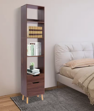 Smalle Ladder Boekenkast met 2 Lades – Vrijstaand Houten & Metalen Rek, Modern en Functioneel