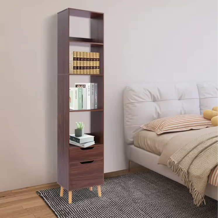 Smalle Ladder Boekenkast met 2 Lades – Vrijstaand Houten & Metalen Rek, Modern en Functioneel