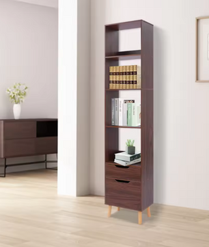 Smalle Ladder Boekenkast met 2 Lades – Vrijstaand Houten & Metalen Rek, Modern en Functioneel