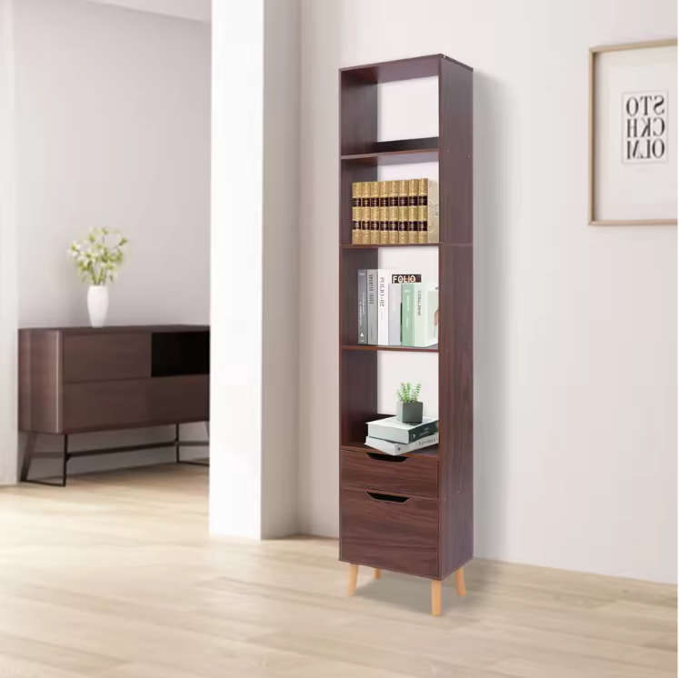 Smalle Ladder Boekenkast met 2 Lades – Vrijstaand Houten & Metalen Rek, Modern en Functioneel