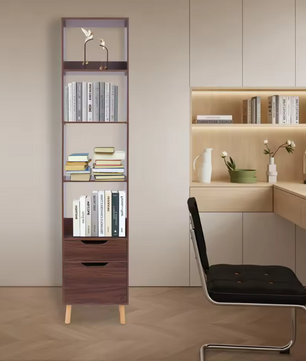 Smalle Ladder Boekenkast met 2 Lades – Vrijstaand Houten & Metalen Rek, Modern en Functioneel