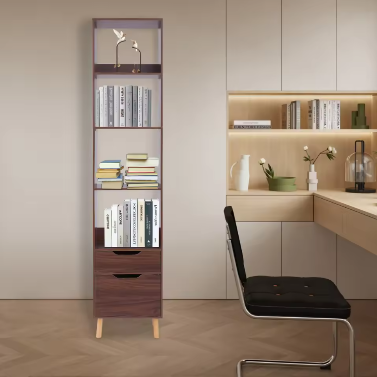 Smalle Ladder Boekenkast met 2 Lades – Vrijstaand Houten & Metalen Rek, Modern en Functioneel