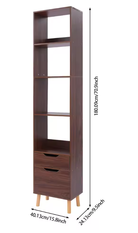 Smalle Ladder Boekenkast met 2 Lades – Vrijstaand Houten & Metalen Rek, Modern en Functioneel