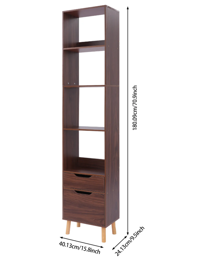 Smalle Ladder Boekenkast met 2 Lades – Vrijstaand Houten & Metalen Rek, Modern en Functioneel