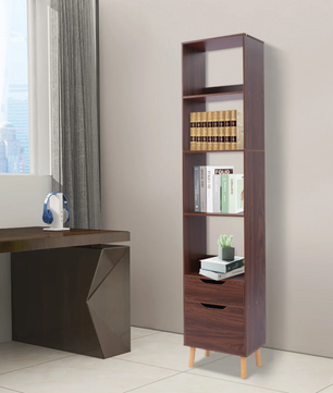 Smalle Ladder Boekenkast met 2 Lades – Vrijstaand Houten & Metalen Rek, Modern en Functioneel