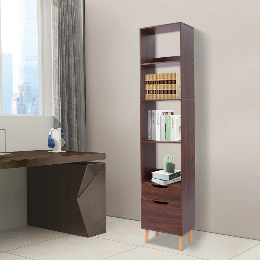 Smalle Ladder Boekenkast met 2 Lades – Vrijstaand Houten & Metalen Rek, Modern en Functioneel