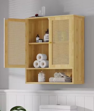 Bamboe Wandkast met 2 Deuren – Badkamer & Toiletkast met 3 Planken