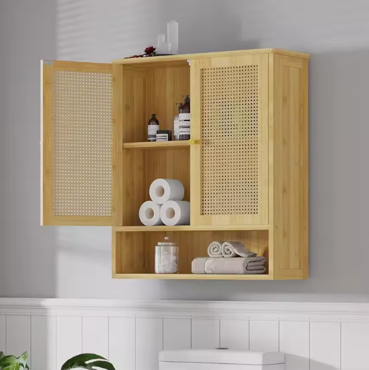 Bamboe Wandkast met 2 Deuren – Badkamer & Toiletkast met 3 Planken