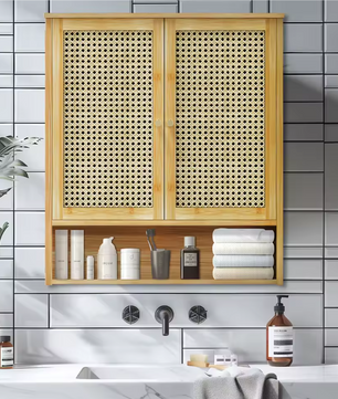 Bamboe Wandkast met 2 Deuren – Badkamer & Toiletkast met 3 Planken