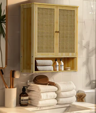 Bamboe Wandkast met 2 Deuren – Badkamer & Toiletkast met 3 Planken
