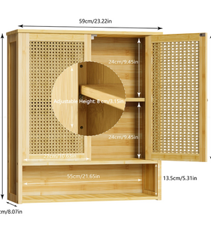 Bamboe Wandkast met 2 Deuren – Badkamer & Toiletkast met 3 Planken