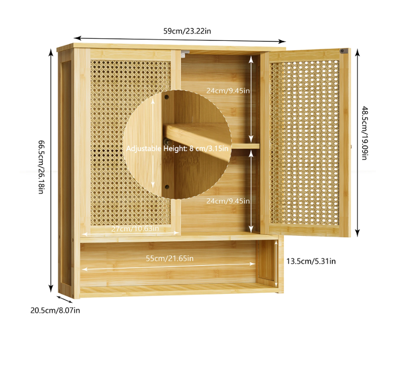 Bamboe Wandkast met 2 Deuren – Badkamer & Toiletkast met 3 Planken