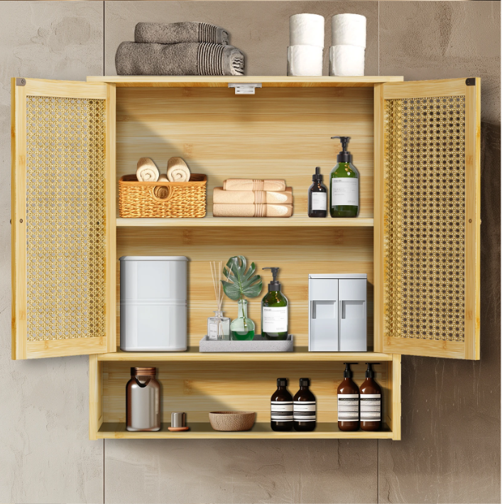 Bamboe Wandkast met 2 Deuren – Badkamer & Toiletkast met 3 Planken