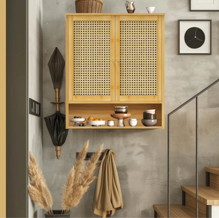 Bamboe Wandkast met 2 Deuren – Badkamer & Toiletkast met 3 Planken