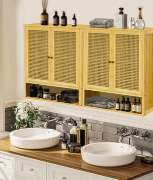 Bamboe Wandkast met 2 Deuren – Badkamer & Toiletkast met 3 Planken