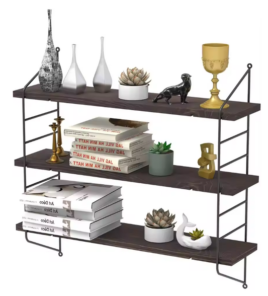 Wandplank Set van 3 – Zwevende Planken met IJzeren Beugels, Hout & Metaal