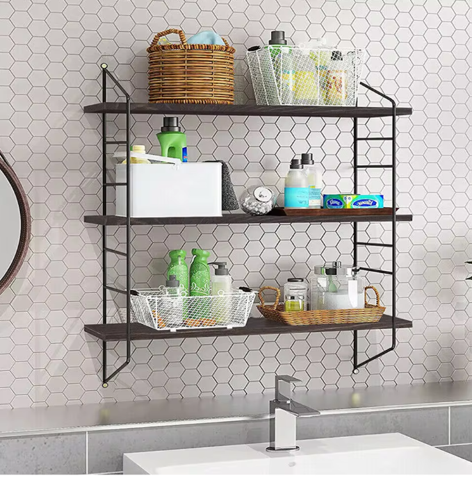 Wandplank Set van 3 – Zwevende Planken met IJzeren Beugels, Hout & Metaal