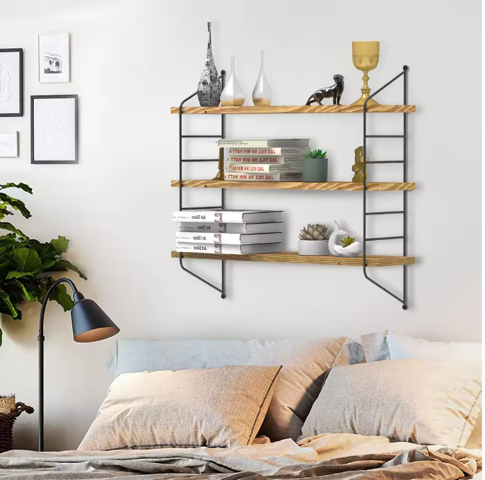 Wandplank Set van 3 – Zwevende Planken met IJzeren Beugels, Hout & Metaal