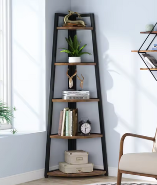 Hoekboekenkast met 5 Lagen – Ladderrek & Plantenstandaard, Industrieel en Ruimtebesparend
