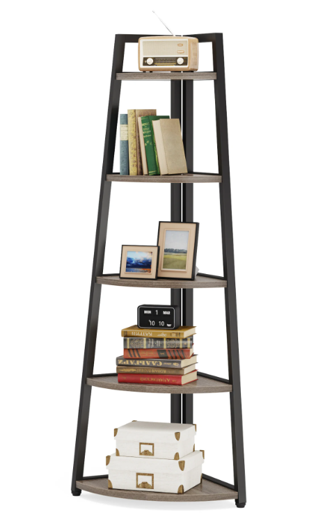 Hoekboekenkast met 5 Lagen – Ladderrek & Plantenstandaard, Industrieel en Ruimtebesparend