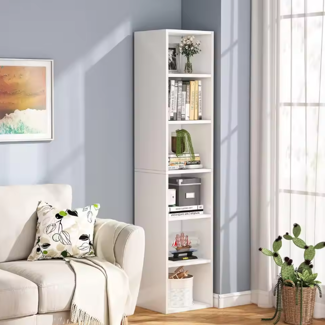 Smal Hoekboekenkast met 6 Lagen – Modern Wit Opbergrek & Displaykast