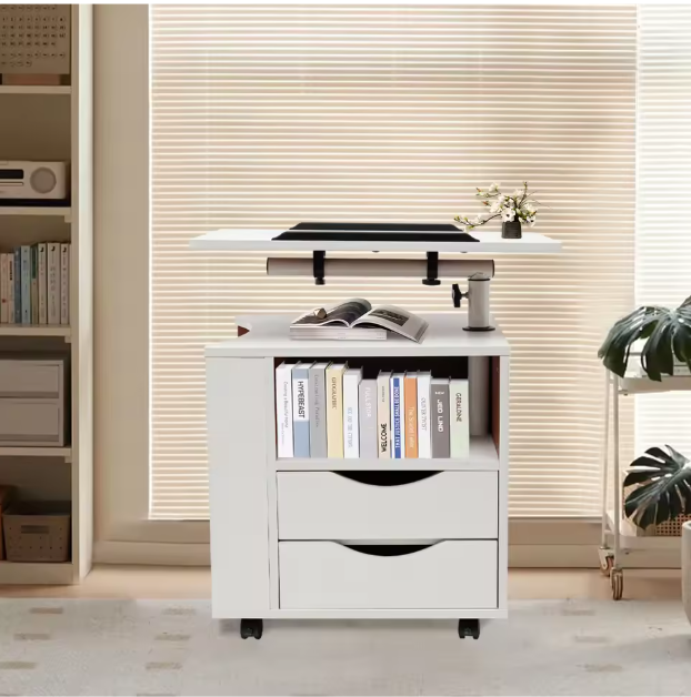 3-in-1 Bedtafel met Draaibaar Blad – Verstelbare Bijzettafel & Boekenrek