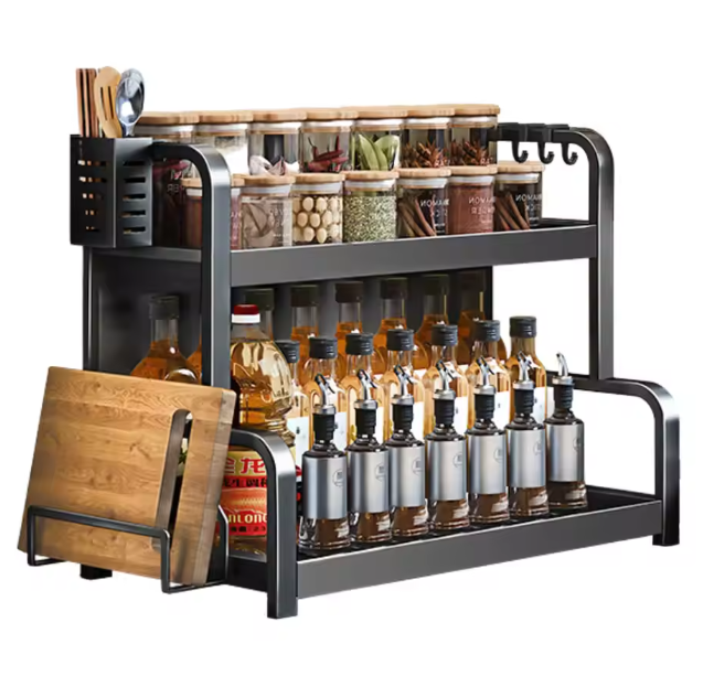 2-Lagen Kruidenrek – Staand Keukenrek met Bestekhouder & 4 Haken