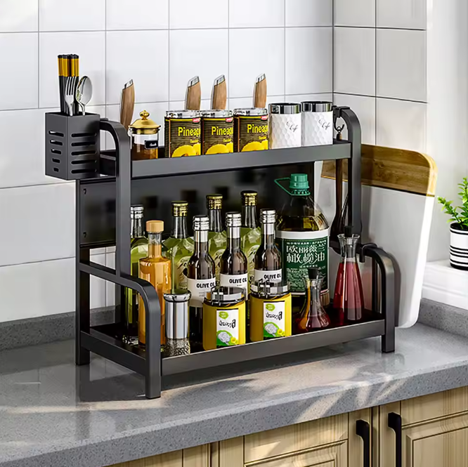 2-Lagen Kruidenrek – Staand Keukenrek met Bestekhouder & 4 Haken