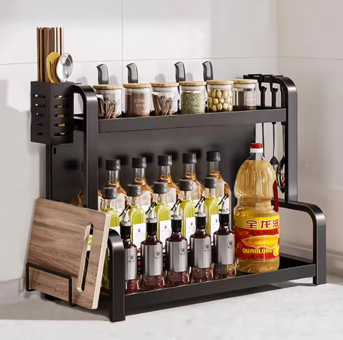 2-Lagen Kruidenrek – Staand Keukenrek met Bestekhouder & 4 Haken