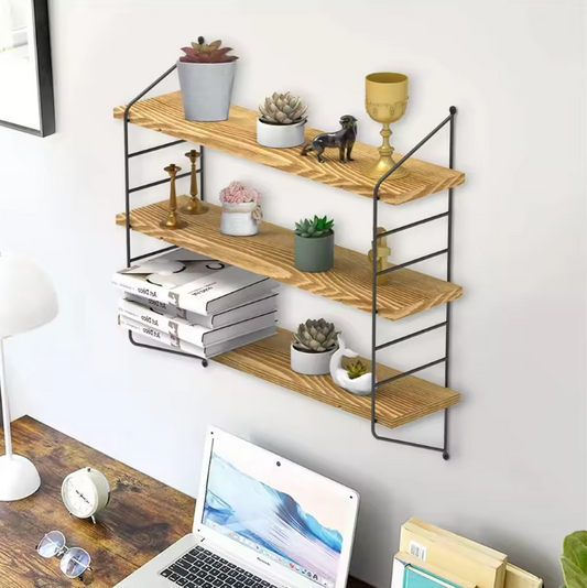 Wandplanken Set – Zwevende Houten Planken met Industrieel Design