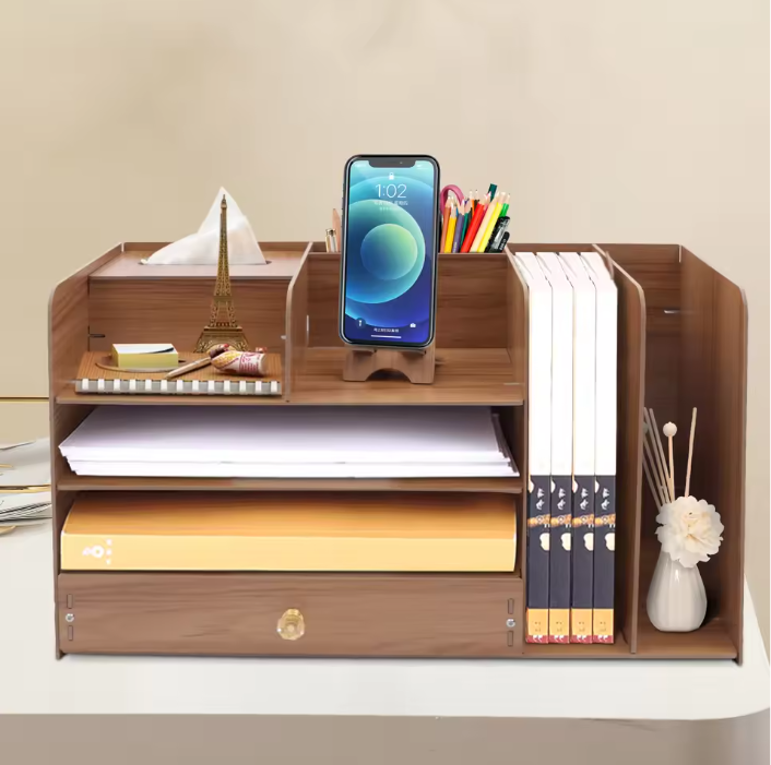 Bureau Organizer met 4 Lagen – Houten Papier- en Documentenrek