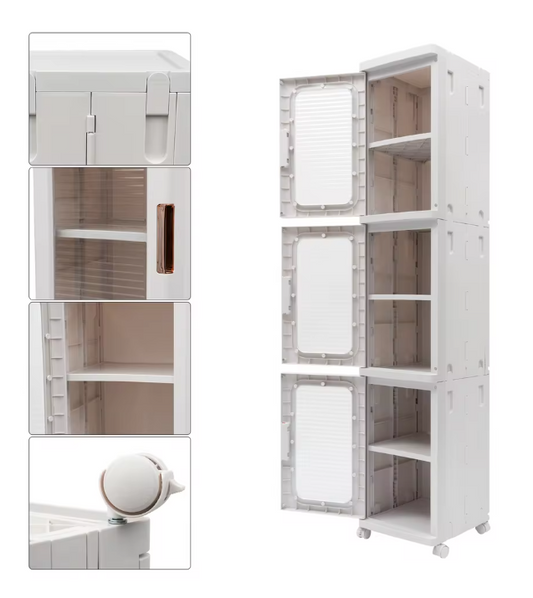 3-Laags Opbergkast met Afneembare Boxen – Stapelbaar & Transparant, Vrijstaand Ontwerp 24.5×28.5×126 cm