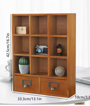 Houten Boekenkast met 9 Vakken & 2 Lades – Vintage Stijl Organizer