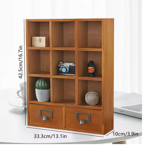 Houten Boekenkast met 9 Vakken & 2 Lades – Vintage Stijl Organizer