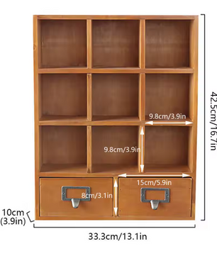 Houten Boekenkast met 9 Vakken & 2 Lades – Vintage Stijl Organizer